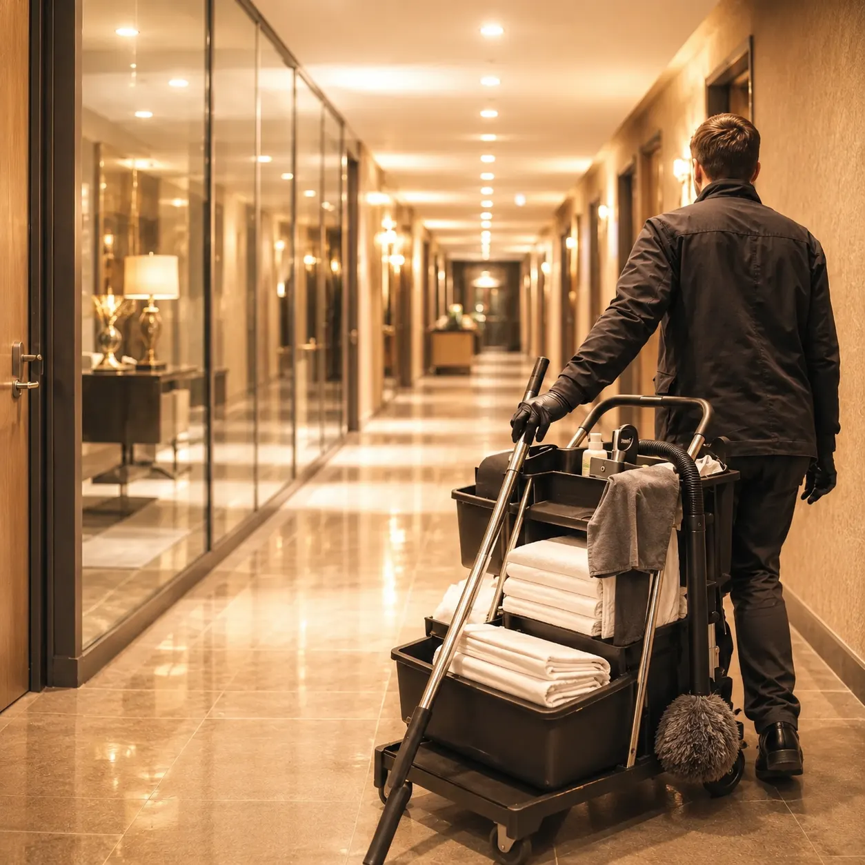 Agent B2B Nettoyage en intervention dans un couloir d'hôtel
